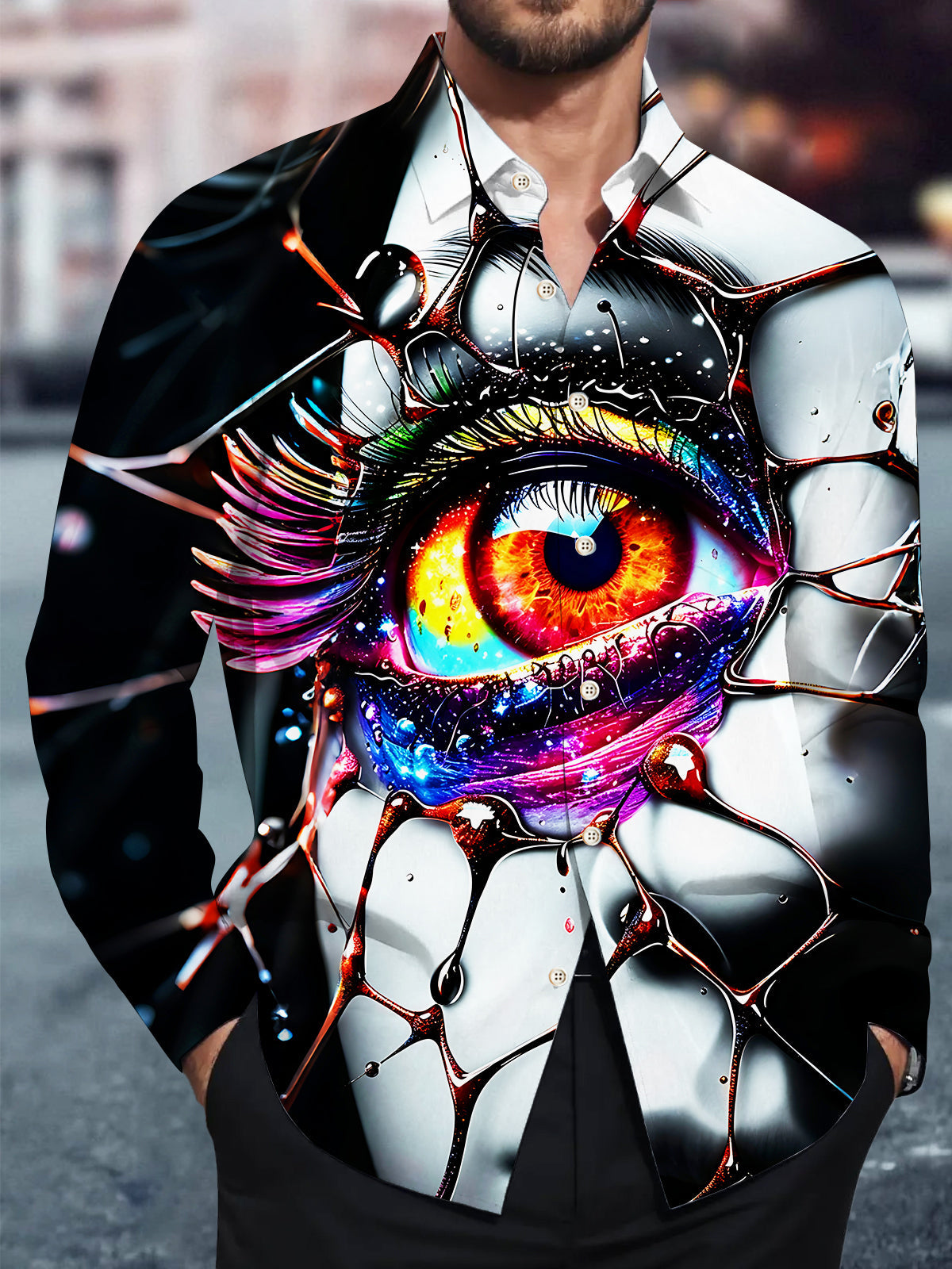 Adaychic Men's Giant Psychedelic Eye With Fluid Art Print Long Sleeve Shirt with Chest Pocket