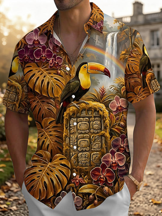 Adaychic Men's Hawaiian Toucan And Tropical Foliage Print Short Sleeve Shirt with Chest Pocket