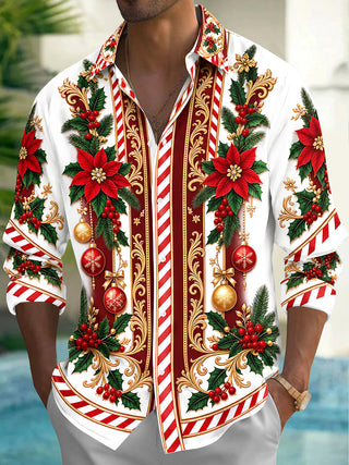 Adaychic Men's Long Sleeve Shirt - Poinsettia And Holly With Christmas Ornaments Print with Chest Pocket