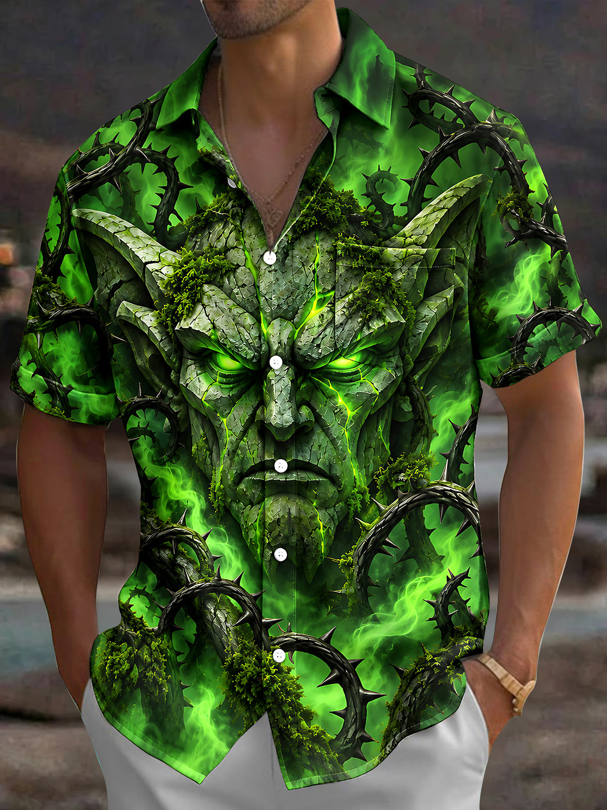 Adaychic Men's Green Demon Face With Thorny Vines Print Short Sleeve Shirt with Chest Pocket