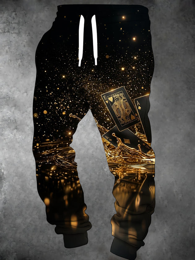Adaychic Men's Graphic Playing Cards And Gold Liquid Splash Print Pants