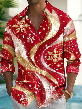 Adaychic Men's Abstract Snowflakes And Gold Swirls Print Long Sleeve Shirt with Chest Pocket