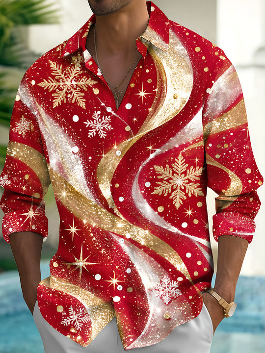 Adaychic Men's Abstract Snowflakes And Gold Swirls Print Long Sleeve Shirt with Chest Pocket