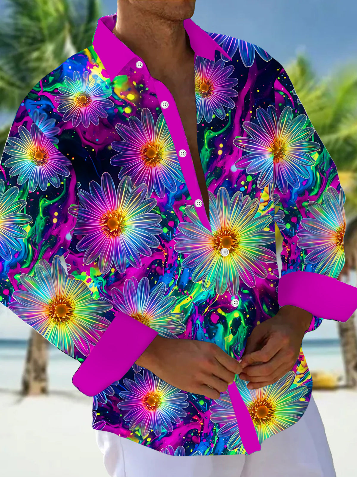Adaychic Men's Hawaiian Neon Daisy Flowers Print Long Sleeve Shirt with Chest Pocket