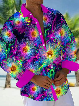 Adaychic Men's Hawaiian Neon Daisy Flowers Print Long Sleeve Shirt with Chest Pocket