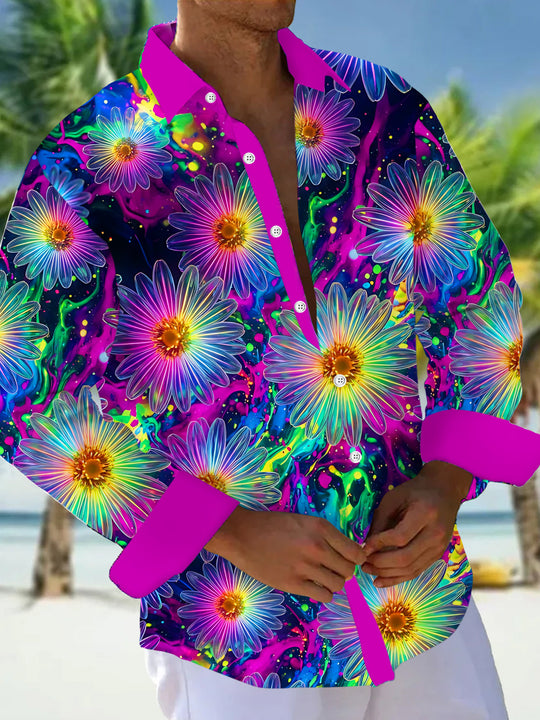 Adaychic Men's Hawaiian Neon Daisy Flowers Print Long Sleeve Shirt with Chest Pocket