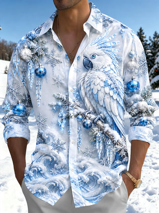 Adaychic Men's Graphic Christmas Parrot And Ornaments Print Long Sleeve Shirt with Chest Pocket