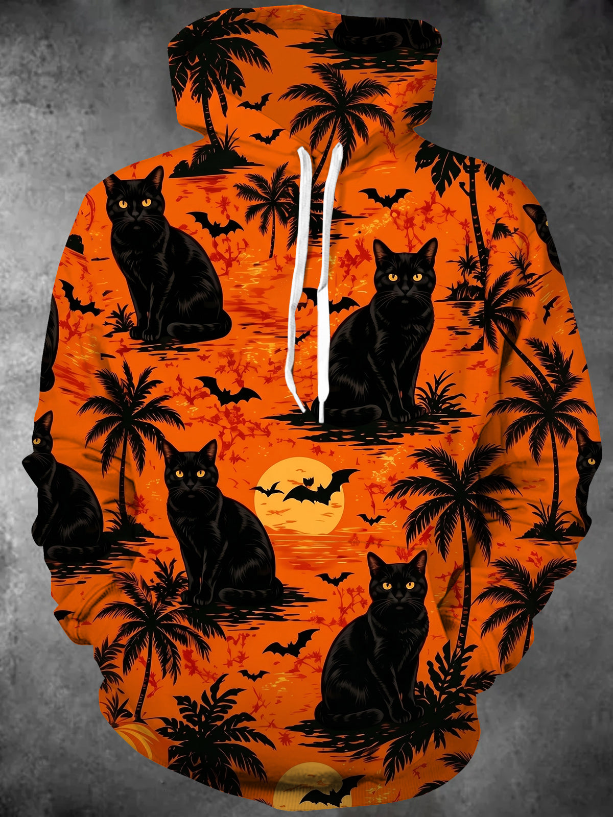 Adaychic Men's Halloween Black Cats And Palm Trees Print Long Sleeve Hoodie