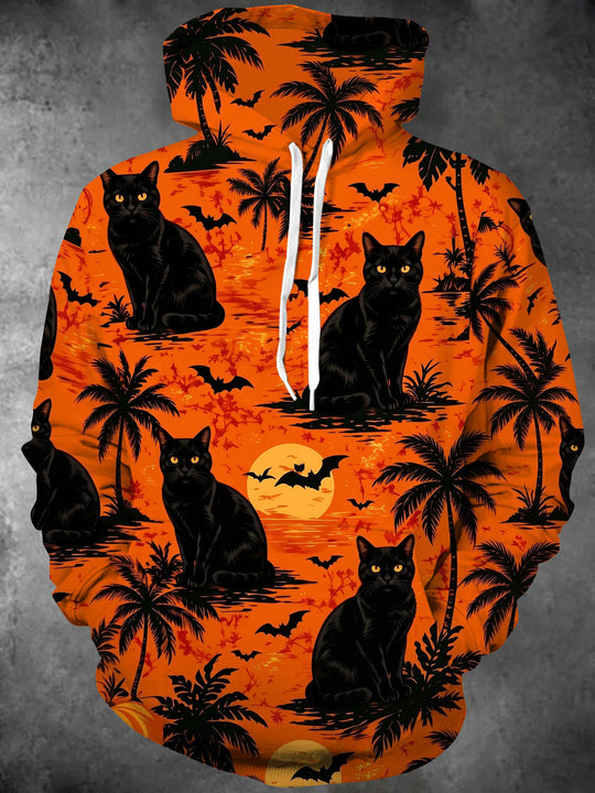 Adaychic Men's Halloween Black Cats And Palm Trees Print Long Sleeve Hoodie