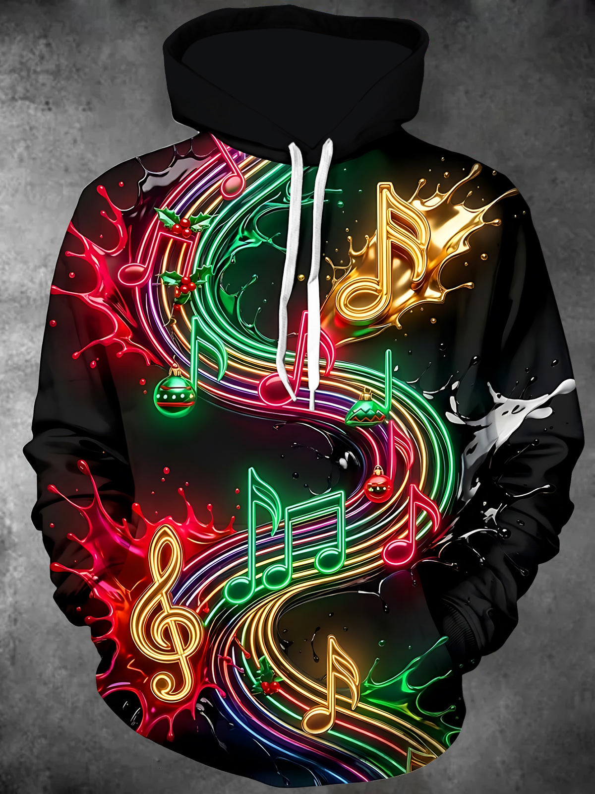 Adaychic Men's Long Sleeve Hoodie - Neon Musical Notes And Christmas Ornaments Print