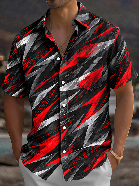 Adaychic Men's Abstract Geometric Jagged Lines Print Short Sleeve Shirt with Chest Pocket