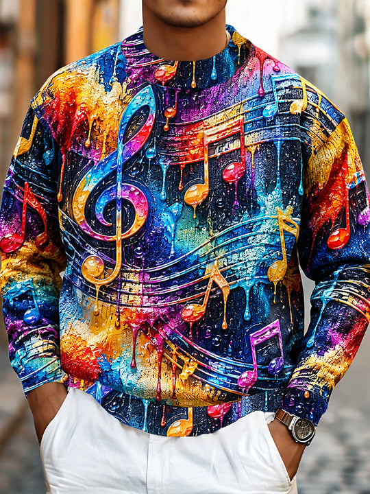 Adaychic Men's Long Sleeve Sweater - Colorful Music Notes And Treble Clef With Drip Effect Print