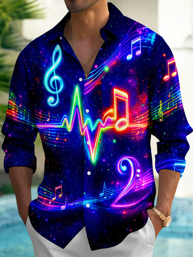 Adaychic Men's Neon Music Notes And Heartbeat Line Print Long Sleeve Shirt with Chest Pocket