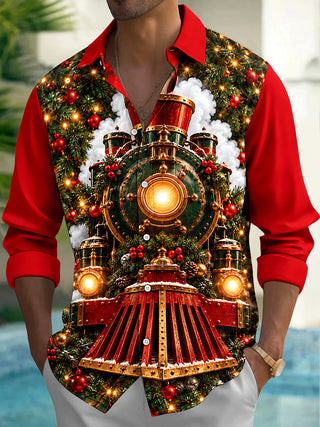 Adaychic Men's Long Sleeve Shirt - Vintage Steam Train With Christmas Ornaments And Pine Branches Print with Chest Pocket