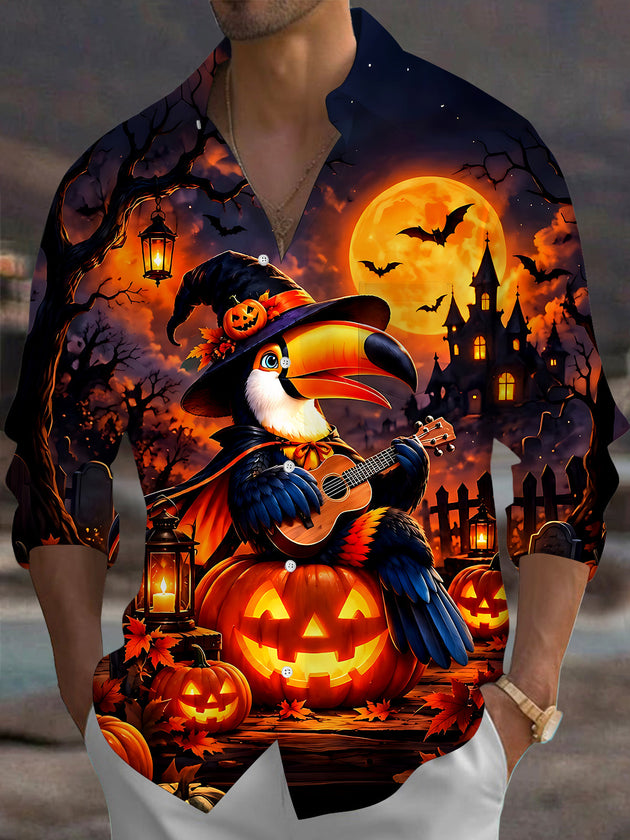 Adaychic Men's Graphic Halloween Toucan Print Long Sleeve Shirt with Chest Pocket