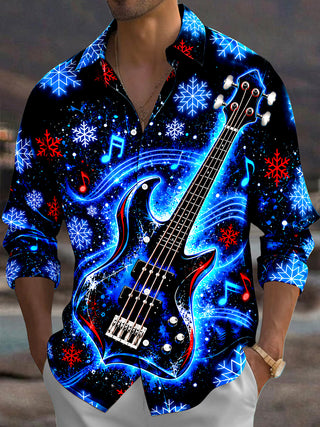 Adaychic Men's Graphic Electric Blue Bass Guitar Print Long Sleeve Shirt with Chest Pocket