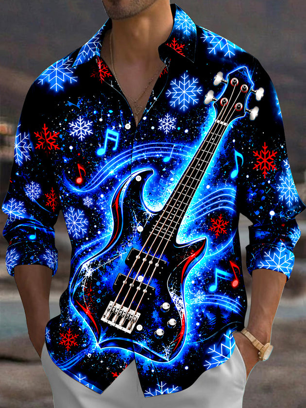 Adaychic Men's Graphic Electric Blue Bass Guitar Print Long Sleeve Shirt with Chest Pocket