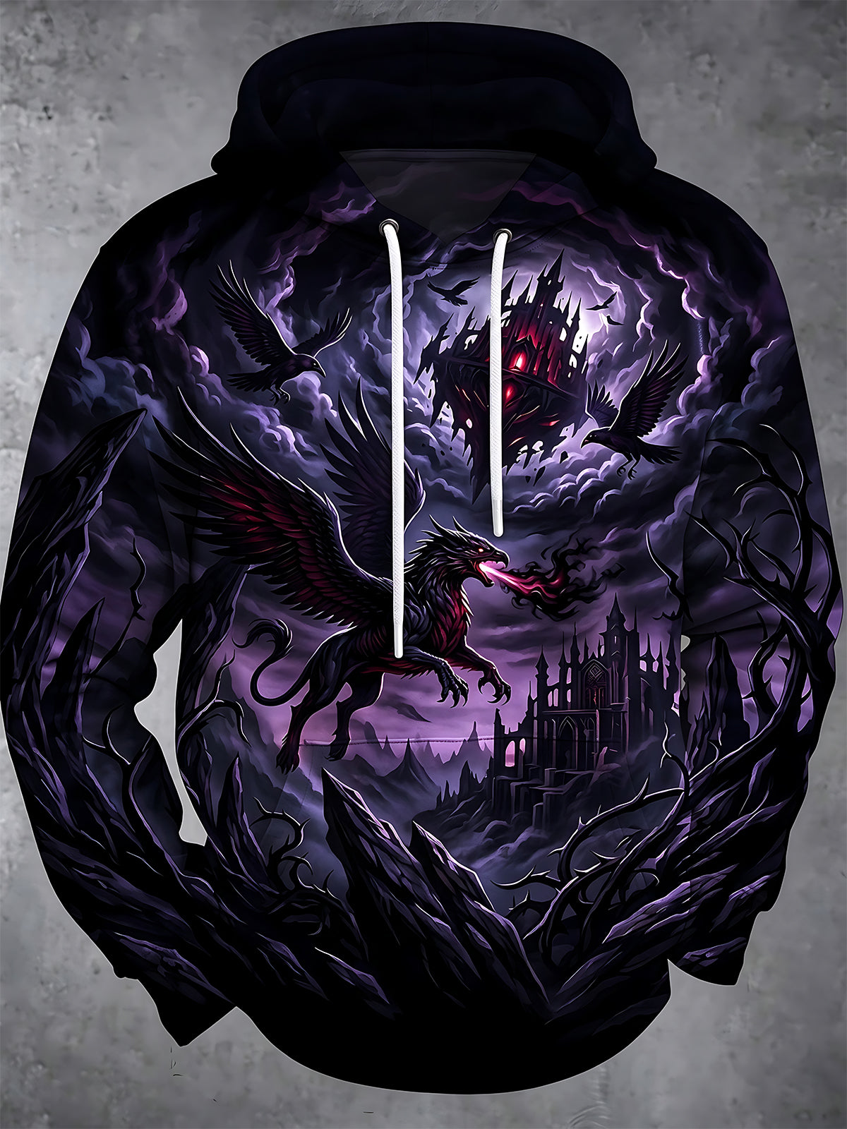 Adaychic Men's Graphic Griffin Beast And Dark Castle Print Long Sleeve Hoodie