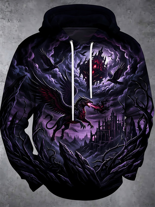 Adaychic Men's Graphic Griffin Beast And Dark Castle Print Long Sleeve Hoodie