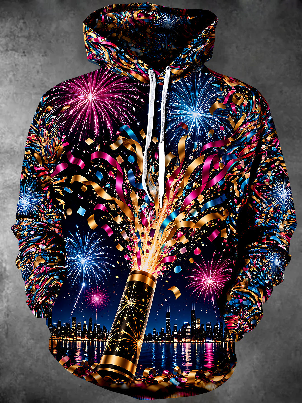 Adaychic Men's Graphic New Year Fireworks And Confetti Print Long Sleeve Hoodie