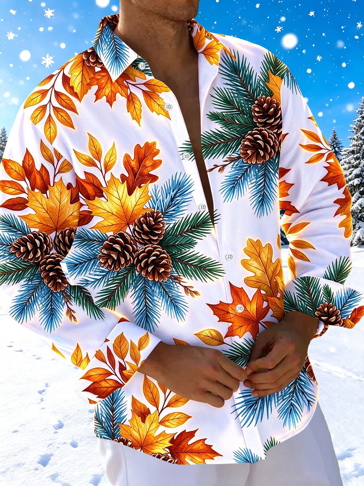 Adaychic Men's Long Sleeve Shirt - Autumn Maple Leaves And Winter Pine Cones With Pine Needles Print with Chest Pocket