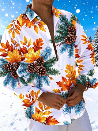 Adaychic Men's Long Sleeve Shirt - Autumn Maple Leaves And Winter Pine Cones With Pine Needles Print with Chest Pocket