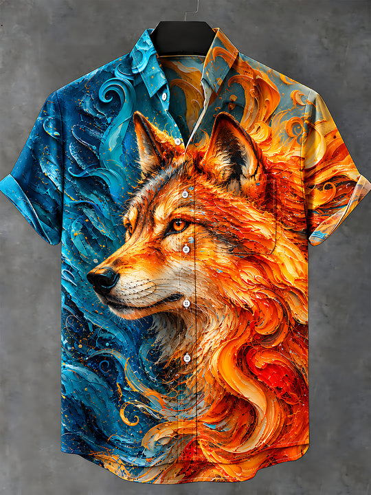 Adaychic Men's Wolf Head With Fire And Water Swirls Print Short Sleeve Shirt with Chest Pocket