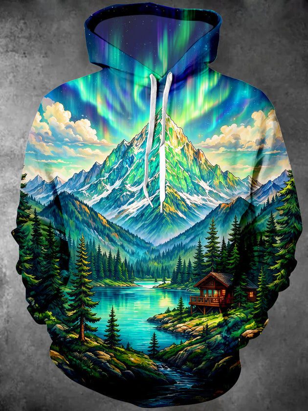 Adaychic Men's Aurora Borealis Mountain Landscape Print Long Sleeve Hoodie
