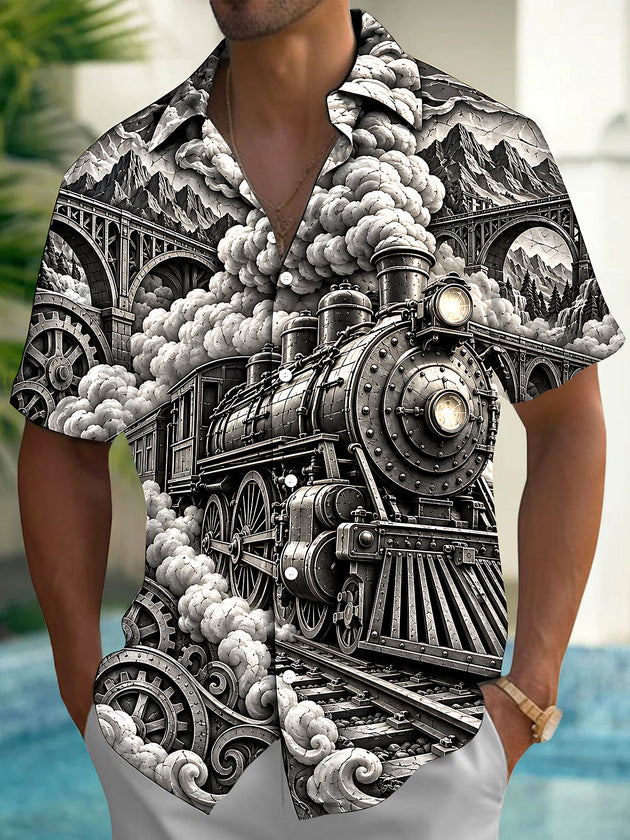 Adaychic Men's Vintage Steam Train And Gears Print Short Sleeve Shirt with Chest Pocket