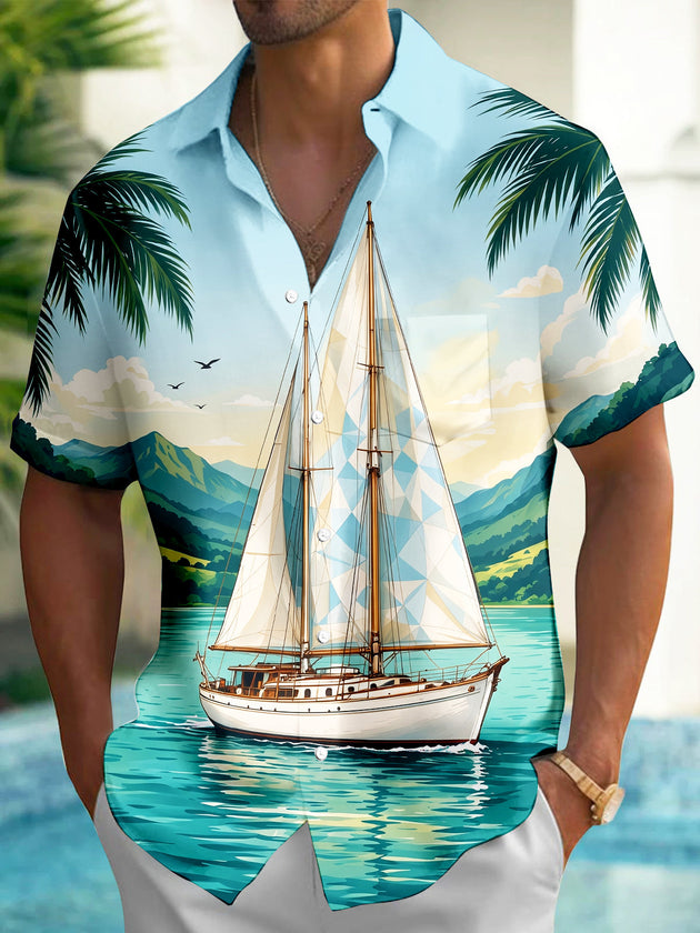 Adaychic Men's Short Sleeve Shirt - Sailboat On Water With Palm Trees And Mountains Print with Chest Pocket