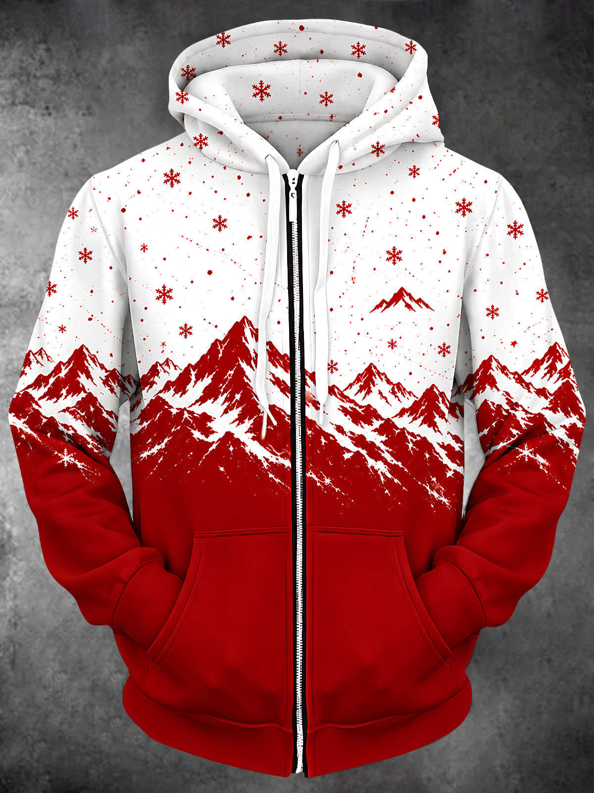 Adaychic Men's Snowy Mountains And Snowflakes Print Long Sleeve Zip-Up Hoodie