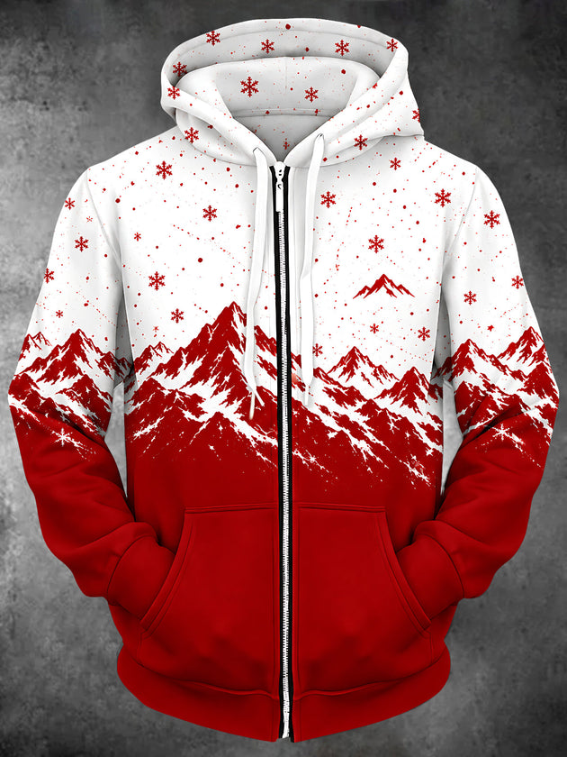Adaychic Men's Snowy Mountains And Snowflakes Print Long Sleeve Zip-Up Hoodie