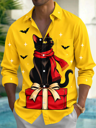 Adaychic Men's Long Sleeve Shirt - Christmas Black Cat With Red Scarf On Gift Box Print with Chest Pocket