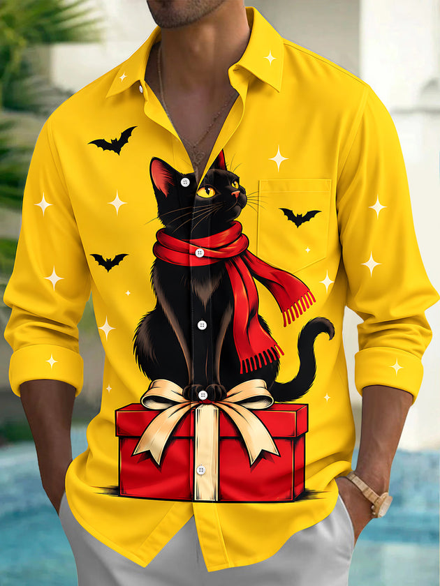 Adaychic Men's Long Sleeve Shirt - Christmas Black Cat With Red Scarf On Gift Box Print with Chest Pocket