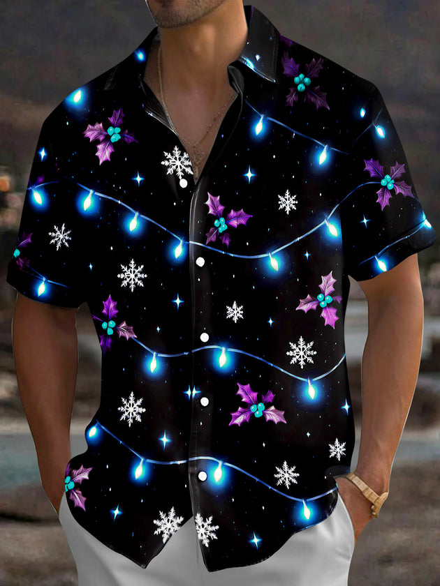 Adaychic Men's Short Sleeve Shirt - Christmas Light Strings And Holly Leaves Print with Chest Pocket