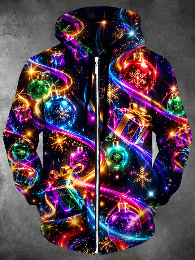 Adaychic Men's Long Sleeve Zip-Up Hoodie - Neon Christmas Ornaments And Gifts Print with Kangaroo Pocket