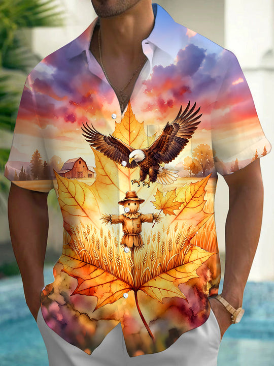 Adaychic Men's Short Sleeve Shirt - Autumn Maple Leaf With Eagle And Scarecrow Print with Chest Pocket