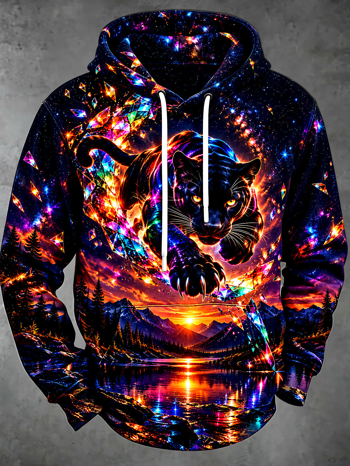 Adaychic Men's Graphic Neon Panther And Crystal Shards Print Long Sleeve Hoodie