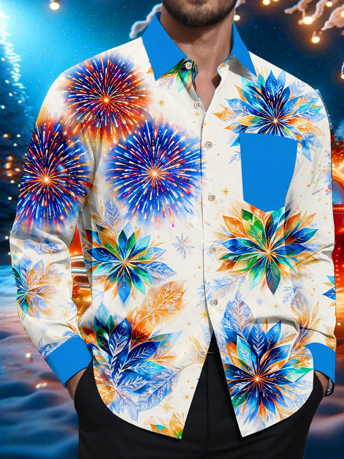 Adaychic Men's Fourth Of July Fireworks And Poinsettia Print Long Sleeve Shirt with Chest Pocket