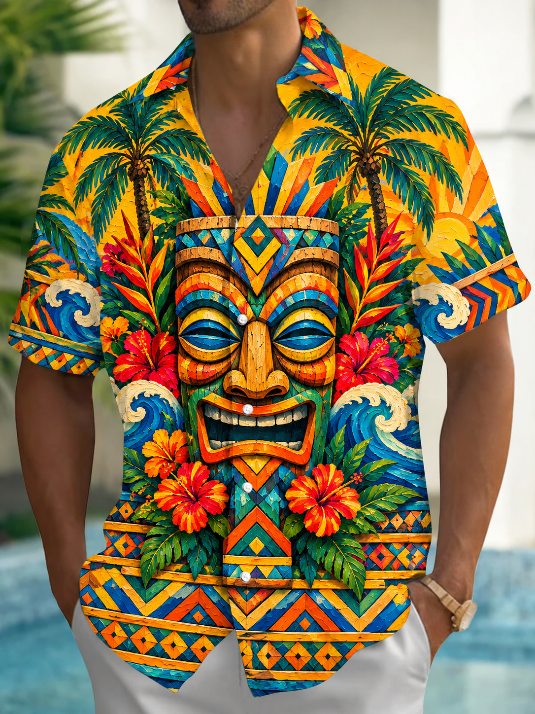 Adaychic Men's Hawaiian Tiki Totem Mask Print Short Sleeve Shirt with Chest Pocket