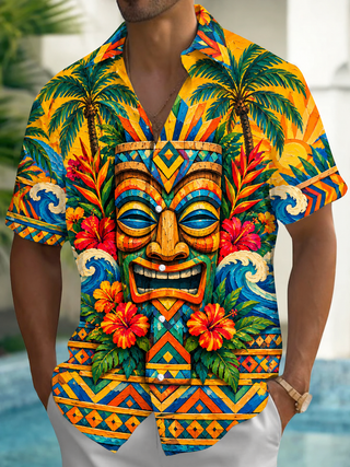 Adaychic Men's Hawaiian Tiki Totem Mask Print Short Sleeve Shirt with Chest Pocket