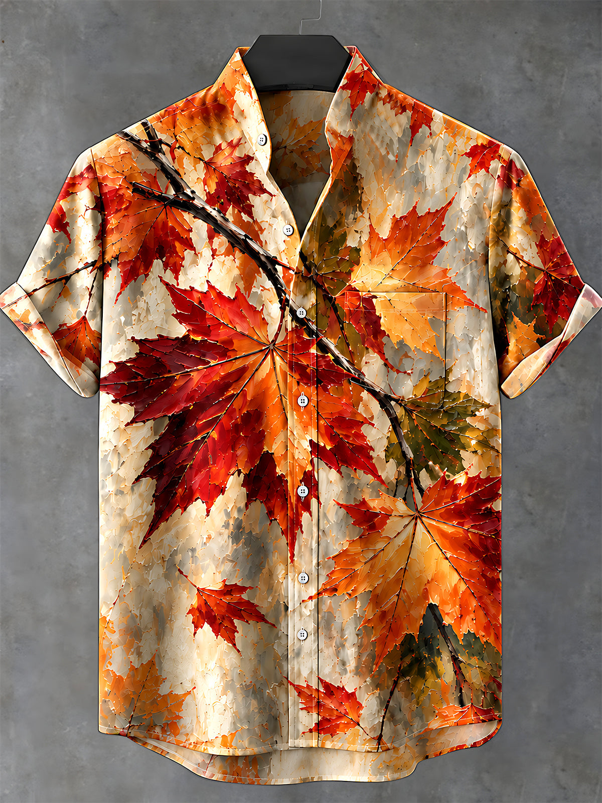 Adaychic Men's Autumn Maple Leaves Print Short Sleeve Stand Collar Shirt with Chest Pocket