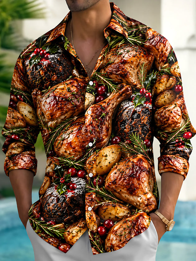 Adaychic Men's Long Sleeve Shirt - Christmas Roast Turkey And Cranberries With Rosemary Print with Chest Pocket