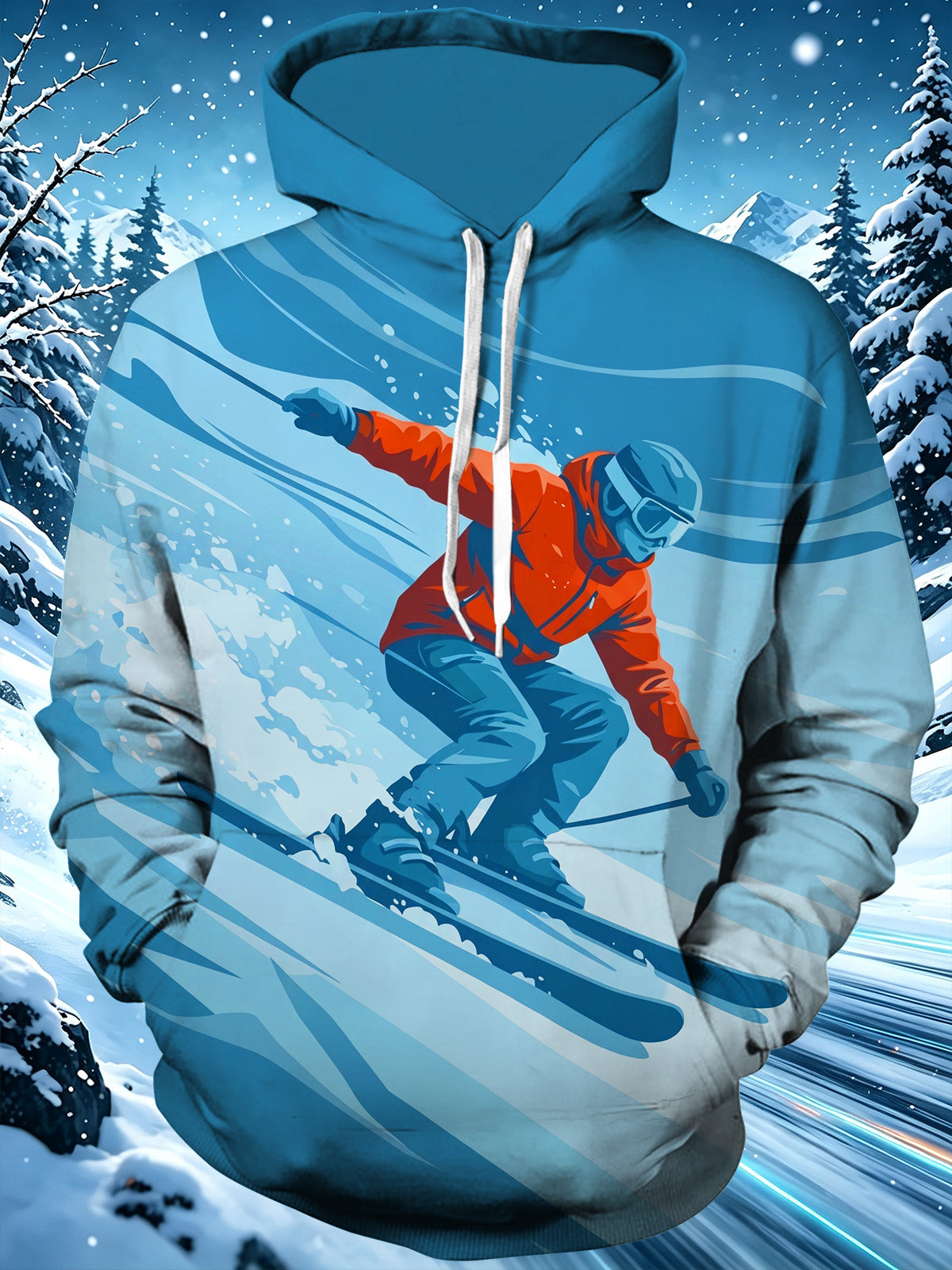 Adaychic Men's Graphic Mountain Skier Illustration Print Long Sleeve Hoodie