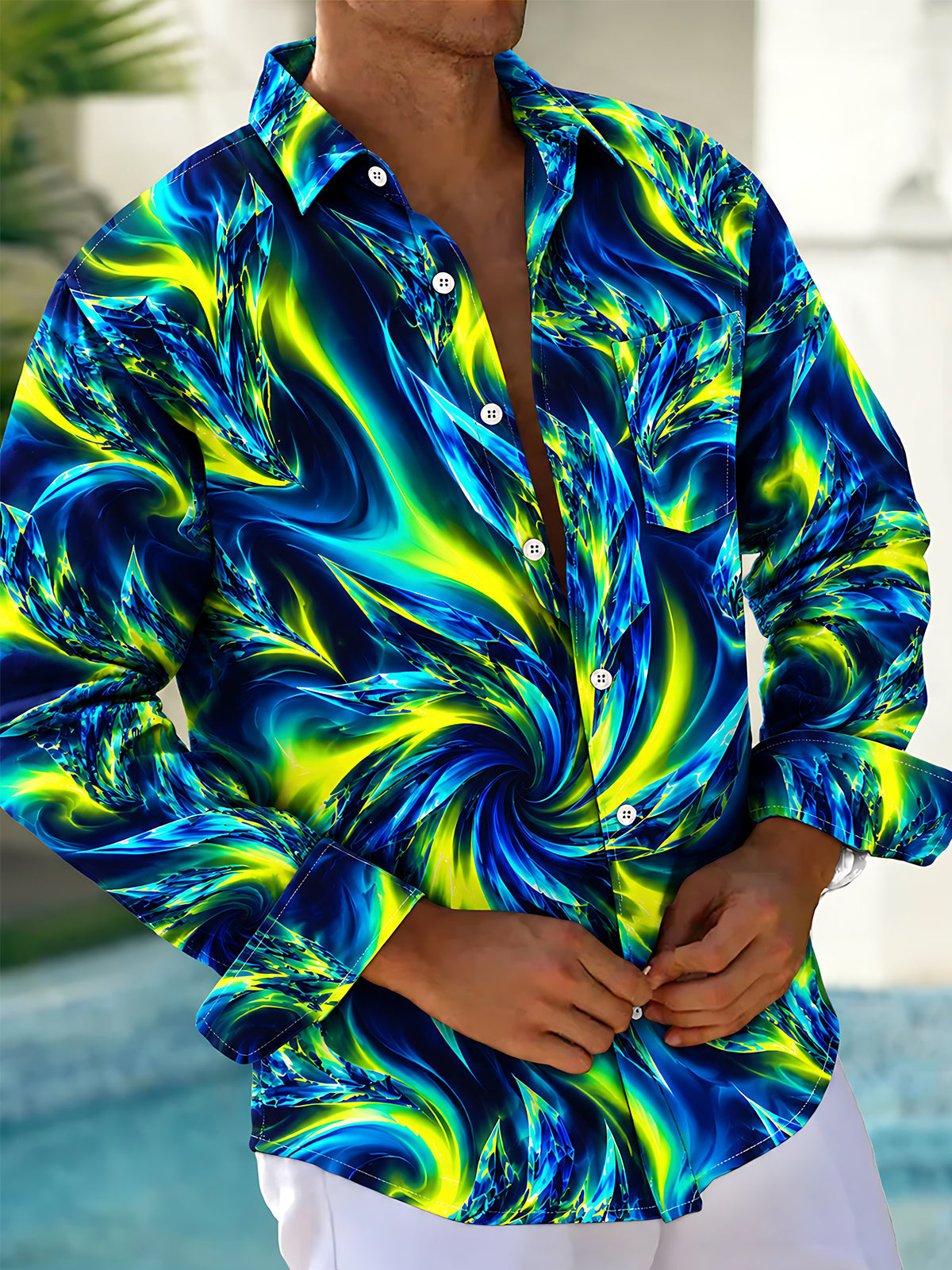 Adaychic Men's Printed Abstract Swirling Fluid Pattern Long Sleeve Shirt with Chest Pocket