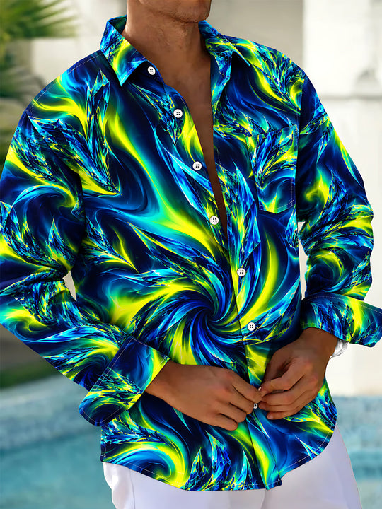 Adaychic Men's Printed Abstract Swirling Fluid Pattern Long Sleeve Shirt with Chest Pocket