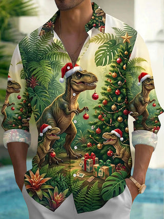Adaychic Men's Hawaiian Dinosaur Christmas Tree Print Long Sleeve Shirt with Chest Pocket