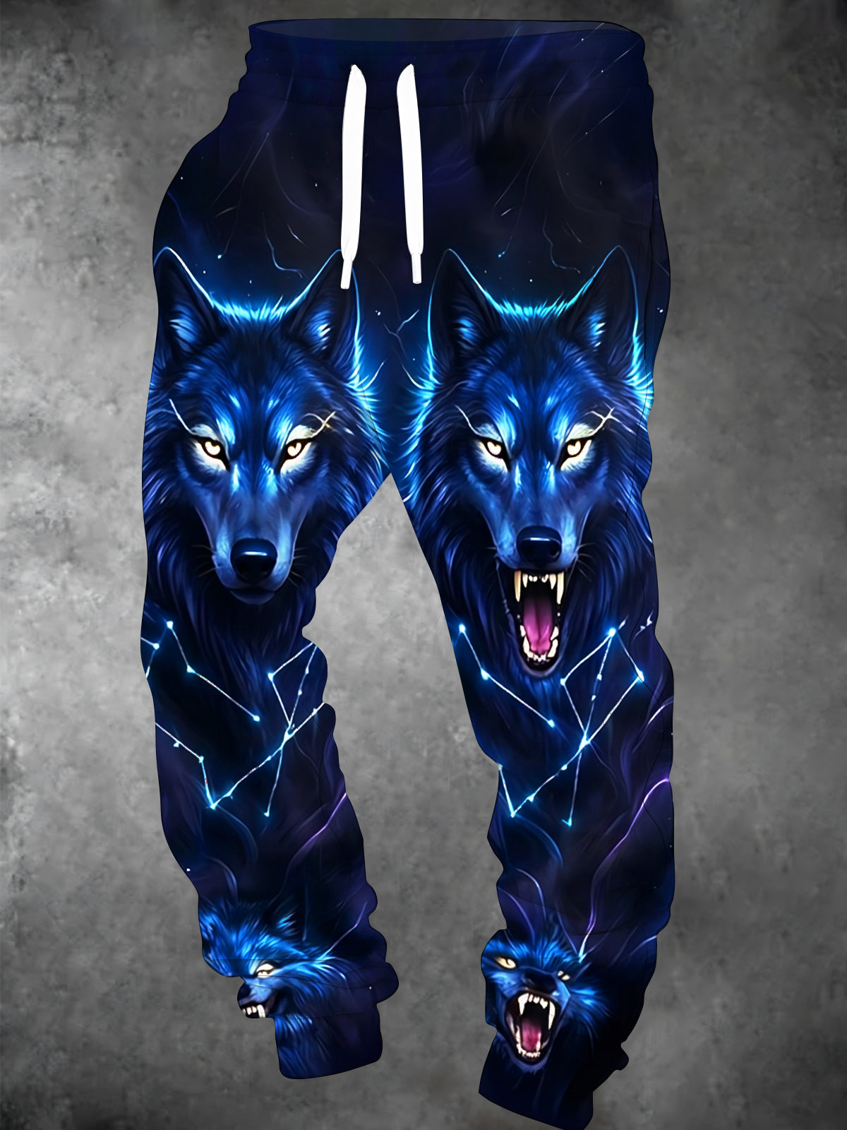 Adaychic Men's Graphic Blue Wolf Faces With Constellation Lines Print Pants