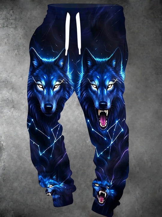 Adaychic Men's Graphic Blue Wolf Faces With Constellation Lines Print Pants