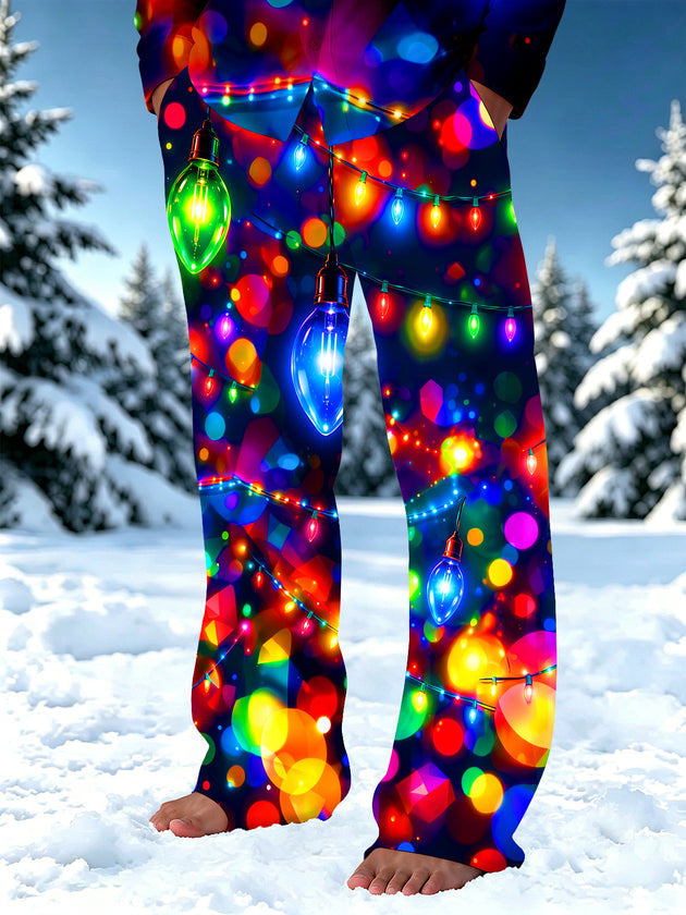 Adaychic Men's Printed Colorful Christmas Light Bulbs And Bokeh Print Pants